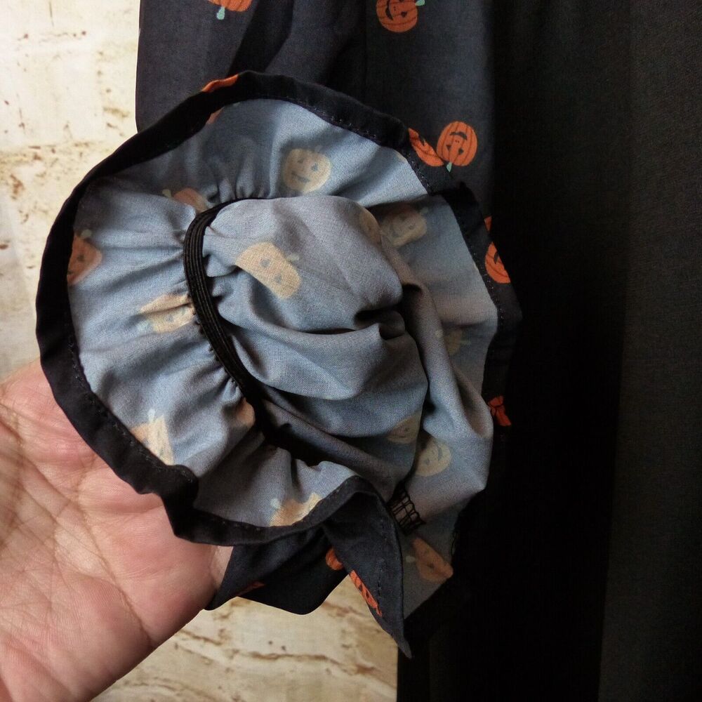 Pumpkin Print Halloween Dress Womens 4XL Black Contrast Long Sleeves Tie Neck - Picture 7 of 14